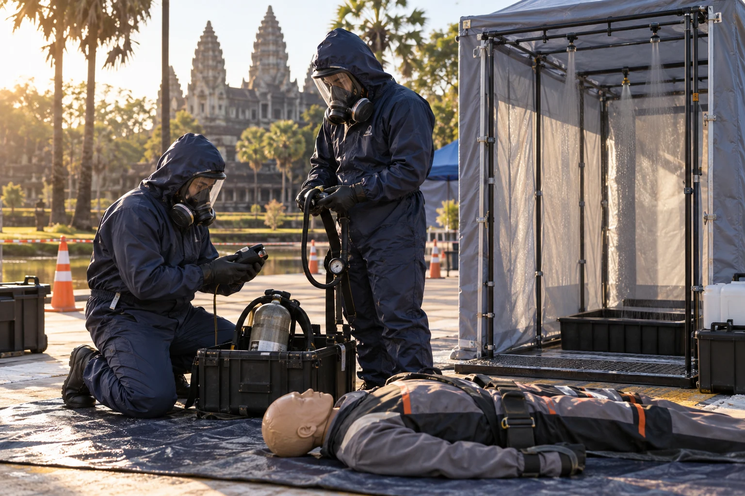 រូបភាពឧទាហរណ៍៖ លំហាត់ CBRN ជាមួយឧបករណ៍ការពារ និងតុក្កតាហ្វឹកហាត់